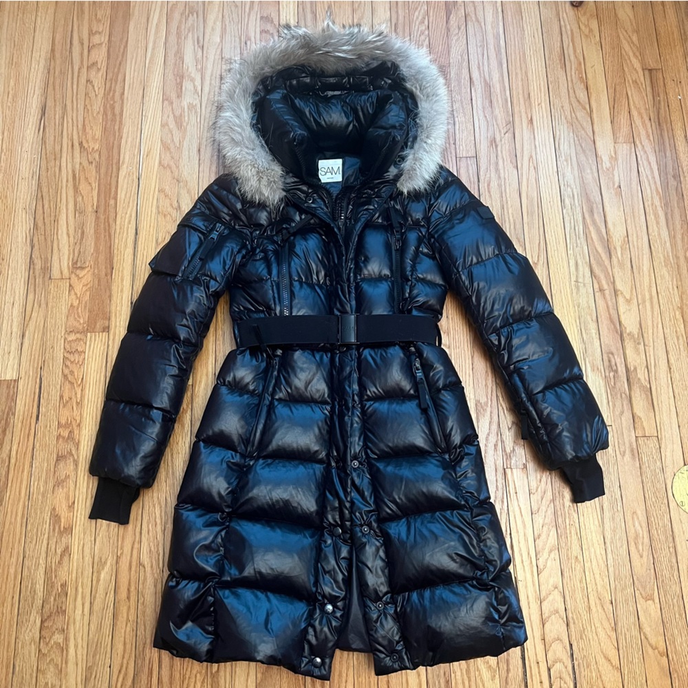 SAM NYC $900 Black Down Jacket Coyote Fur Hood Savannah Noho XS Small EUC Parka